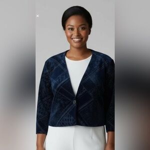 Nancy Bolen Petite Short  Jacket Navy Blue Velvet Look w Metallic